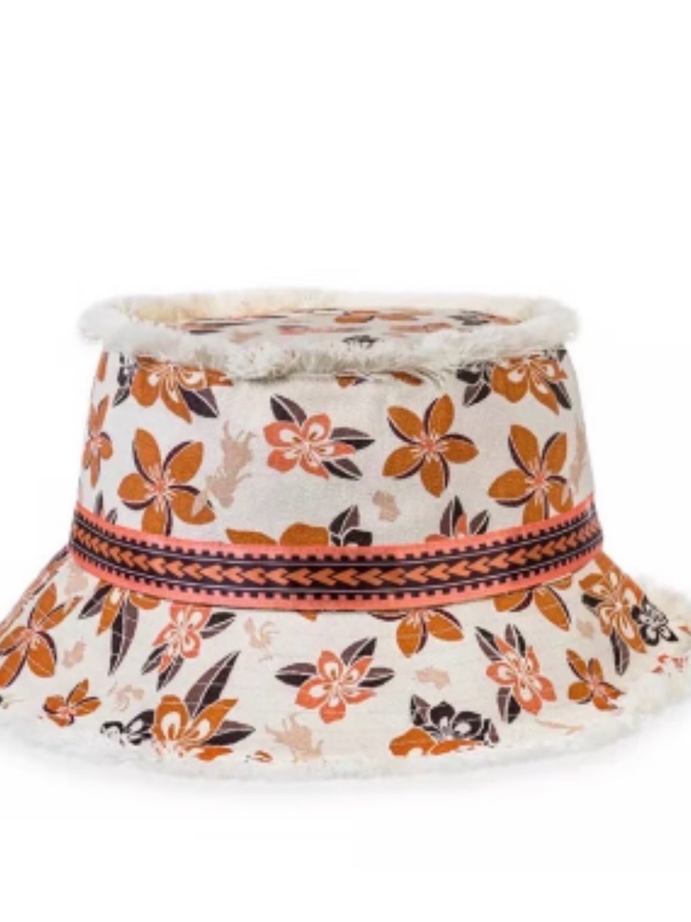 Moana Floral Frayed-Edge Bucket Hat in Cream and Orange